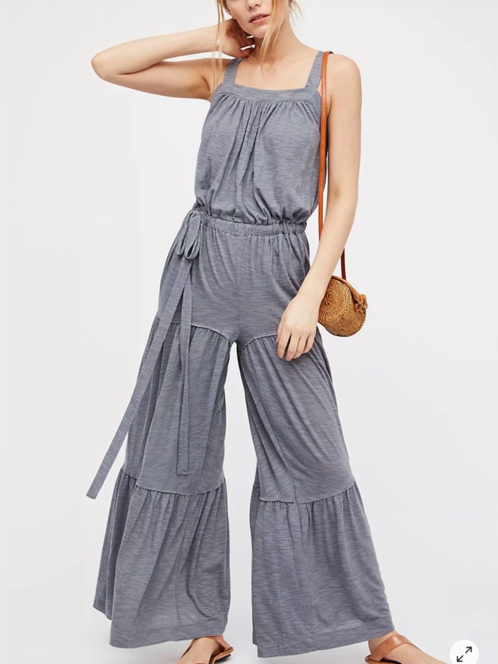 Free People Beach Shooting Star Gray Wide-Leg Tiered Jumpsuit SZ L EUC